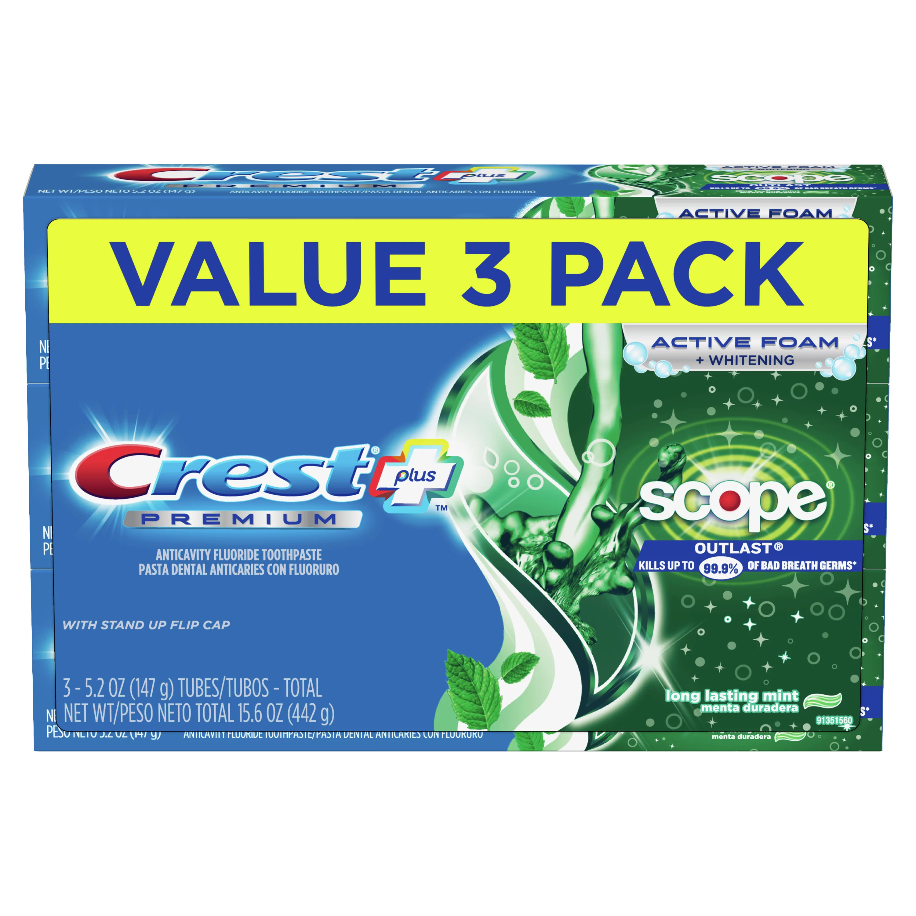 Crest Premium Plus Scope Outlast Toothpaste, Long Lasting Mint Flavor 5.2 oz, Pack of 3
