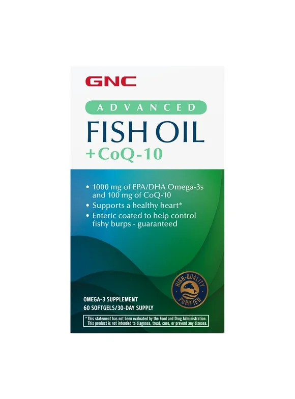 GNC Omega-3 Fish Oil + COQ10, 60 Softgel Capsules, Extra Strength, 100mg coenzyme Q10, Supports Heart Health