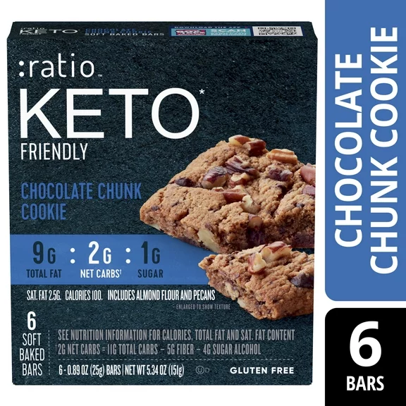 Ratio Soft Baked Bars, Chocolate Chunk Cookie, 1g Sugar, Keto Friendly, 5.34 OZ (6 Bars)