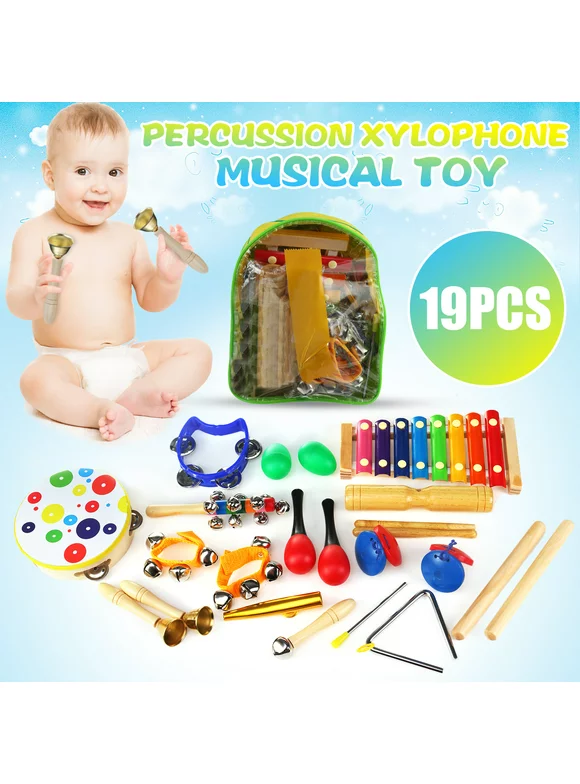 19Pcs Toddler Musical Instrument Set Wooden Educational Music Toys Percussion Xylophone Kids Band Kit and Storage Backpack