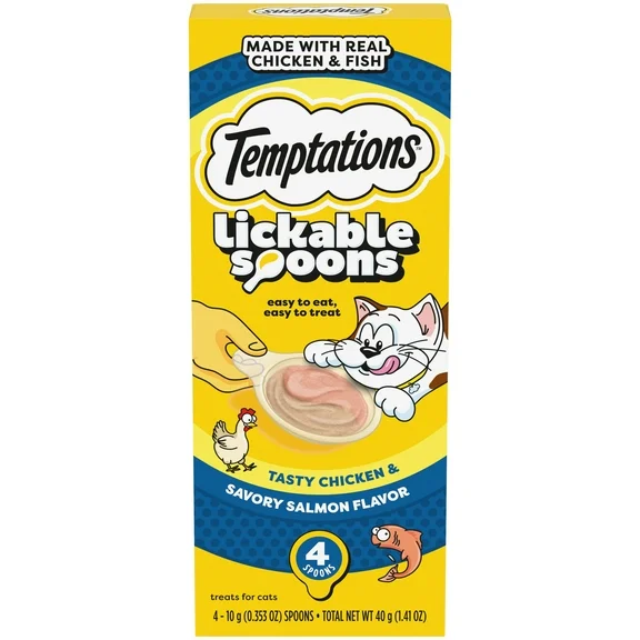 Temptations Lickable Spoons Wet Cat Treat, Tasty Chicken And Savory Salmon, 10 Grams, Pack Of 4