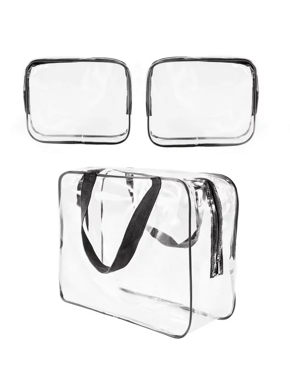 Peroptimist 3Pcs Clear Cosmetic Bag, Plastic Travel Toiletry Pouch Water Resistant Packing Cubes with Zipper Closure and Carrying handles for Women Men, Black