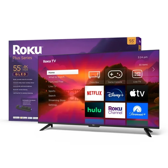 Roku 55” Plus Series 4K Dolby Vision HDR10  QLED Smart Roku TV with Roku Voice Remote Pro, Striking 4K Resolution, Automatic Brightness, Dolby Vision and HDR10 