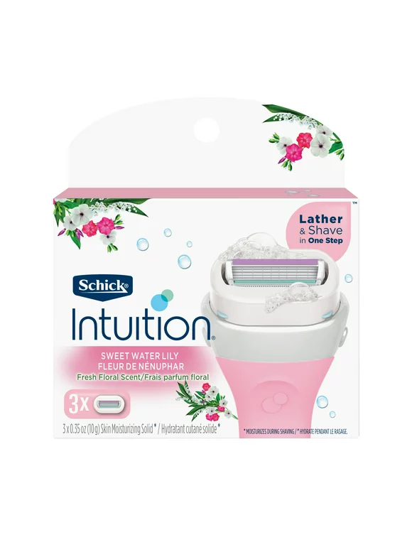 Schick Intuition 4-Blade Sweet Water Lily Women's Razor Blade Cartridge Refills, 3 Ct, Lather & Shave In One Step, Fresh Floral Scent
