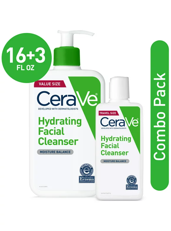 CeraVe Hydrating Facial Cleanser, Daily Face Wash for Normal to Dry Skin, Value Pack, 16 oz Pump & 3 oz Travel Size