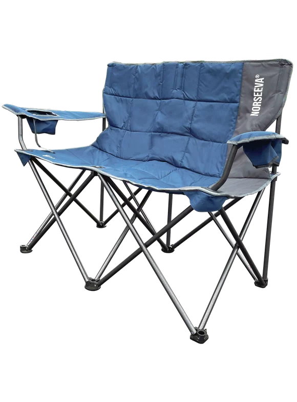 NORSEEVA Heavy Duty Loveseat Double Camping Chair - Two Person Outdoor Folding Chairs with Bottle Opener for Camping, Beach, Adults, and Kids. Padded Wide Camp Couch (Ocean Blue and Charcoal)