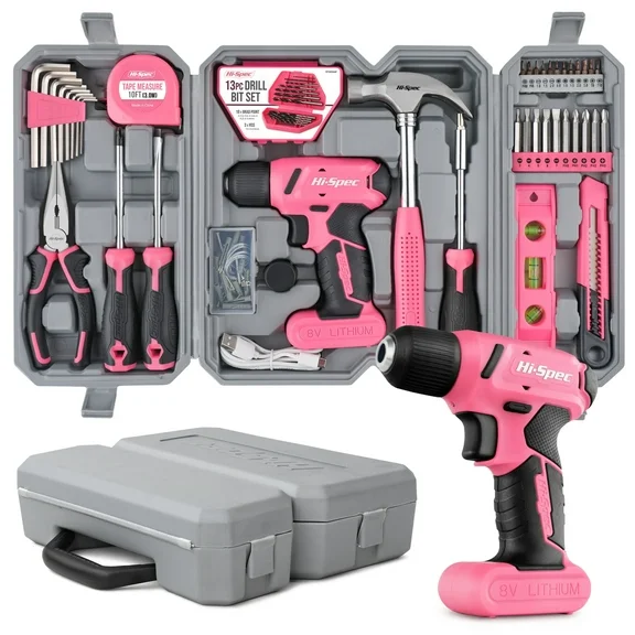 Hi-Spec 58pc Pink 8V USB Electric Screwdriver Cordless Drill & Household Tool Kit Set with Variable Speed DIY Cordles