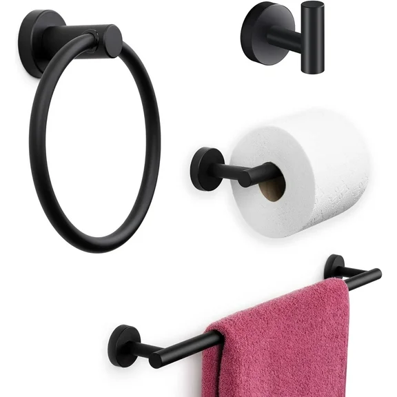 Marmolux Acc 4-Piece Matte Black Bathroom Hardware Accessories Set, Stainless Steel, Wall Mounted - Includes 24"Towel Bar, Hand Towel Ring, Toilet Paper Holder Wall, Towel Hook