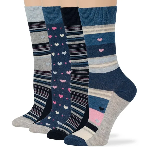 Women Cotton Calf Fun Socks 4 Pairs Medium 9-11, Heart Stripe Valentines Soft Crew Long , Denim Blue, Light Navy, Grey, Pink