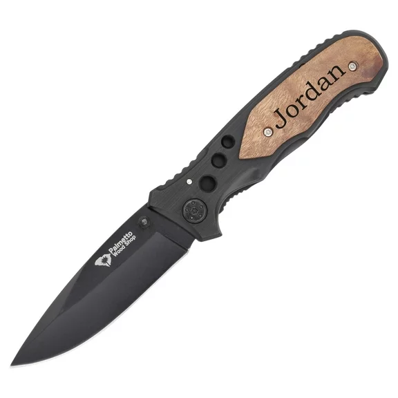 Palmetto Wood Shop Personalized Laser Engraved Pocket Knife with Wood Handle, Black