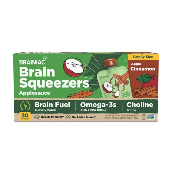 Brainiac Brain Squeezers Applesauce with Omega-3s, Cinnamon Apple, No Sugar Added, 3.2 oz,20 Ct