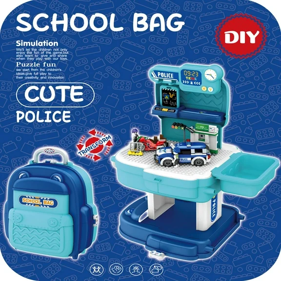 2 in 1 Block Pack with Building Plate – Toy Backpack for Building Blocks Role Play Police Station With Police Car and Block Toy Set ﻿