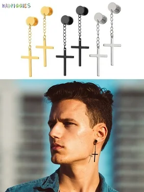BadPiggies Men's Hypoallergenic Stainless Steel Cross Earrings Drop Dangle Hoop Cross Pendant Earring (Black)
