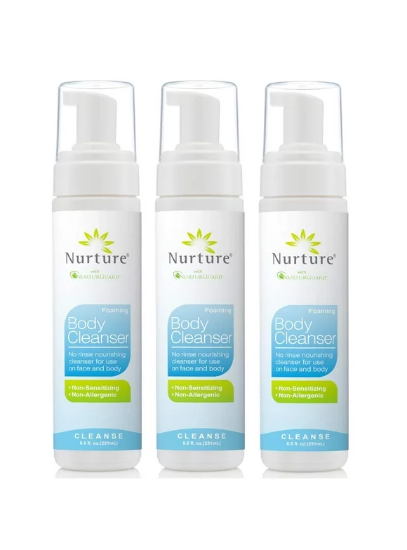 Nurture Valley No Rinse Body Wash, Full Body Cleansing Foam That also Moisturizes, and Protects Skin - Non-Allergenic - Non-Sensitizing - Rinse Free Wipe Away Cleanser - 3 Bottles