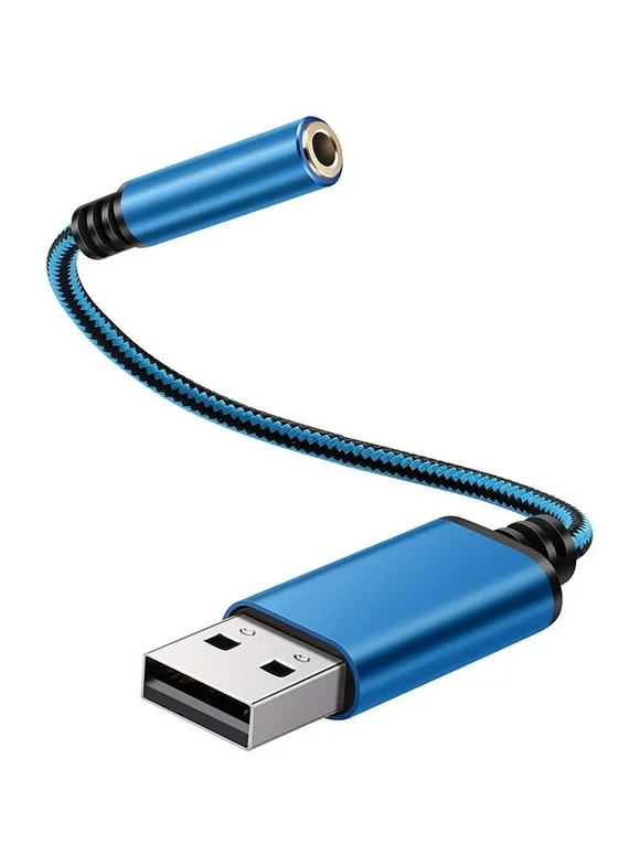 USB to 3.5mm Headphone Audio Adapter,External Stereo Sound Card for PC, Laptop,for ,for Etc (0.6 Feet,Blue)
