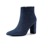Allegra K Women's Glitter Pointed Toe Block Heeled Ankle Boots