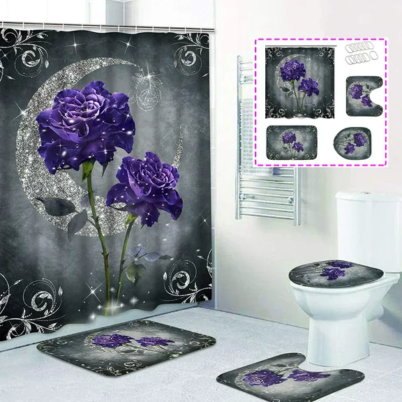 FRAMICS Purple Rose Shower Curtain and Rug Sets, 16 Pc Sliver Moon Floral Bathroom Sets, Waterproof Fabric Shower Curtain with 12 Hooks and Toilet Rugs