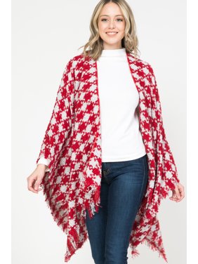 Women's Houndstooth Open Front Shawl Poncho Cloak Tassel Knitted Sweater Cardigan