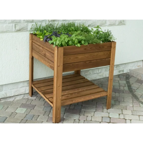 Square Wooden 42-gallon capacity Raised Bed with Shelf, 32"W x 32"L x 9.5"Deep, Overall height 35", Tanalith water based treated