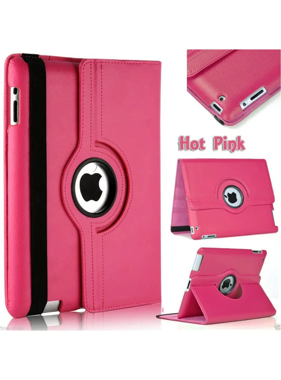 360 Degree Rotation Smart Leather Stand Case Cover for iPad 2/iPad 3/iPad 4 Hot Pink