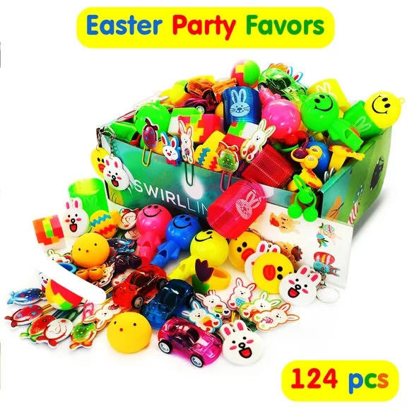 Easter Party Favors Trinkets Kids 124 Pcs - Carnival Prizes Toys Bulk Easter Basket Stuffers Fillers Toy Assortment Easter Theme Egg Hunt Treats