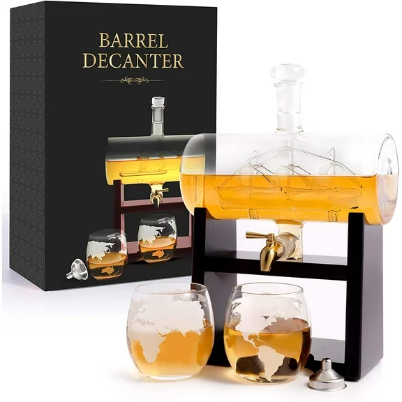 Barrel Decanter Set 1160ml Barrel with Ship Gold Faucet Glass Spout Globe Glasses