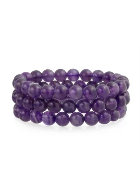 Set Of 3 Purple Gemstone Amethyst Round Bead 8MM Stretch Bracelet for Women Men Teen Unisex Single Strand Stackable