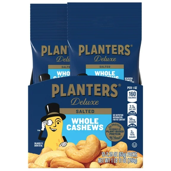 PLANTERS Deluxe Salted Whole Cashews, Party Snacks, Plant-Based Protein, 2.25 oz Tube (Pack of 12)