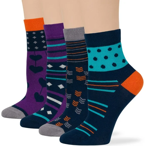 Women's Cotton Diabetic Ankle Patterned Socks - 4 Pack Large Seamless Polka Dot Heart Sock Size 10-12 Shoe Size 8-12 L Dark Navy, Purple, Grey, Blue,Orange