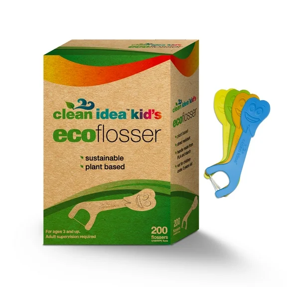 Clean Idea Kids Eco Flosser 200ct | Biodegradable Handle | Ultra Floss | Natural Dental Floss Picks