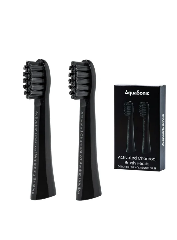 AquaSonic Pulse Activated Charcoal JMS2 Replacement Brush Heads - Ultra Whitening Brush Heads - 2X Whitening & Stain Remover - Compatible only with AquaSonic Pulse- 2 Pack (Black)