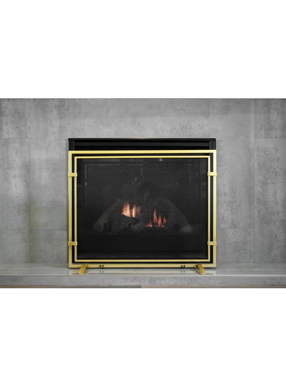 Barton Single Panel Handcrafted Iron 39" x 30.5" Fireplace Screen w/Distressed Finish - Gold
