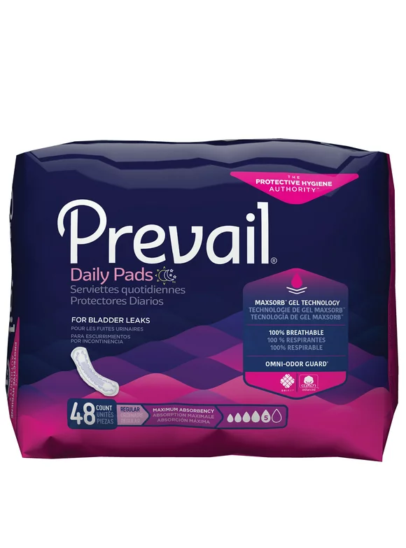 Prevail Daily Pads Female Incontinent Pad Regular Length 11"" L PV-916/1, Maximum, 48 Ct