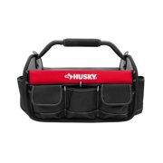 Husky 17 in. Open Top Weather Resistant Tool Tote Bag in Red with 18 total pockets and heavy-duty rotating handle