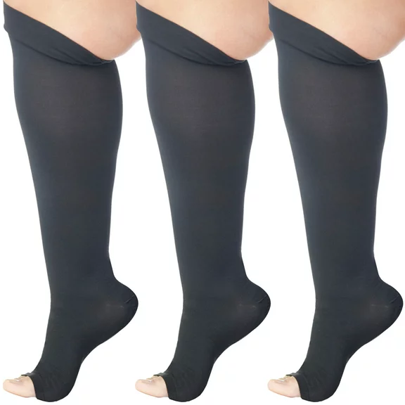 (3 Pairs)Made in USA - Open Toe Unisex Support Socks 10-20mmHg - Black, XL