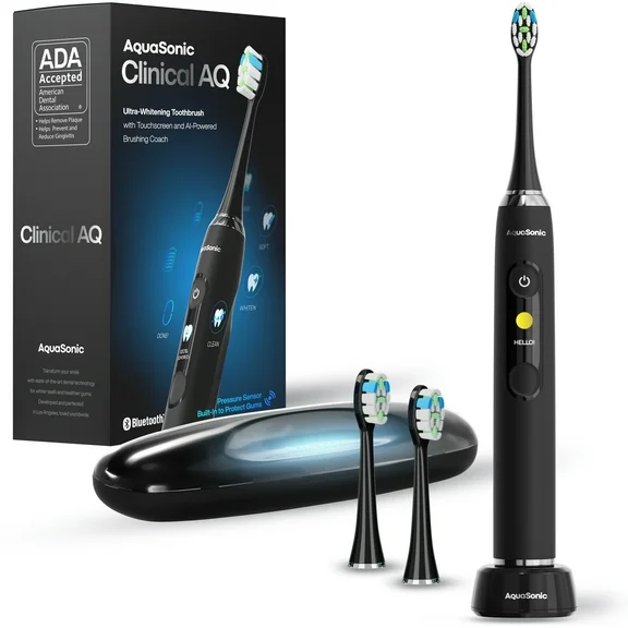 Aquasonic Clinical AQ Ultra-Whitening Smart Toothbrush with Touchscreen - 5 Modes, Smart Timers, Adjustable Duration, Wireless Charging & UV Case - Compatible with iPhone & Android