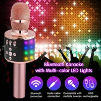 karaoke Microphone,4 In 1 Wireless LED h Karaoke Microphone with Light ,Mini USB Speaker for Home KTV, Rose Gold/ Gold