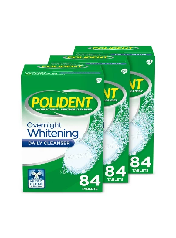 Polident Overnight Whitening Denture Cleanser Tablets - 84 Count (Pack of 3)