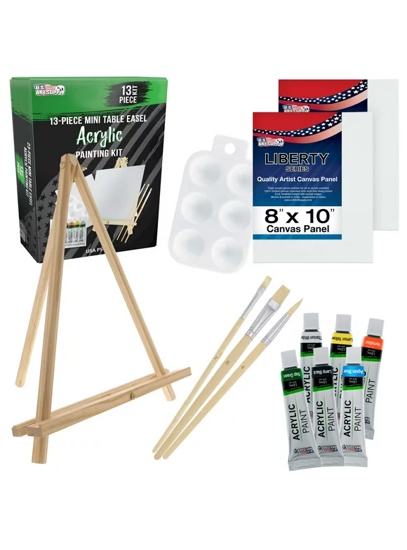 U.S. Art Supply 13-Piece Artist Painting Set with 6 Vivid Acrylic Paint Colors, 12" Easel, 2 Canvas Panels, 3 Brushes, Painting Palette - Fun Children, Kids School, Students, Beginners Starter Art Kit
