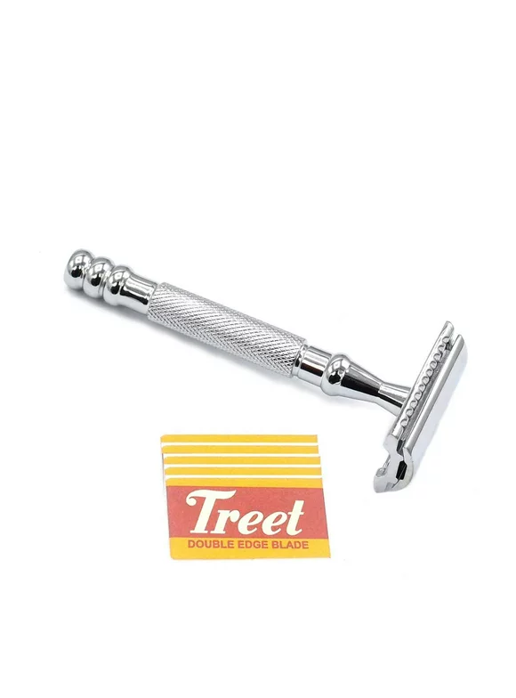 OdontoMed2011 Chrome Handle Double Edge Safety Reusable Razor Eco Friendly Male Grooming - Includes 5 Blades (BTS-319)