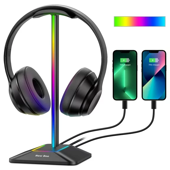 New Bee RGB Headphone Stand with USB USB-C Charging Port Desk Gaming Headset Stand with 7 Light Mode