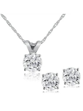 Pompeii3 Diamond Solitaire Necklace & Studs Earrings Set 1/2 Carat (Ctw) 14K White Gold