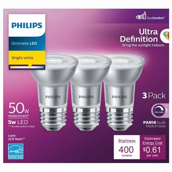 Philips Ultra Definition LED 50-Watt PAR16 Indoor Spotlight Light Bulb, 40-Degree Beam Angle, Dimmable, E26 Medium Base (3-Pack)