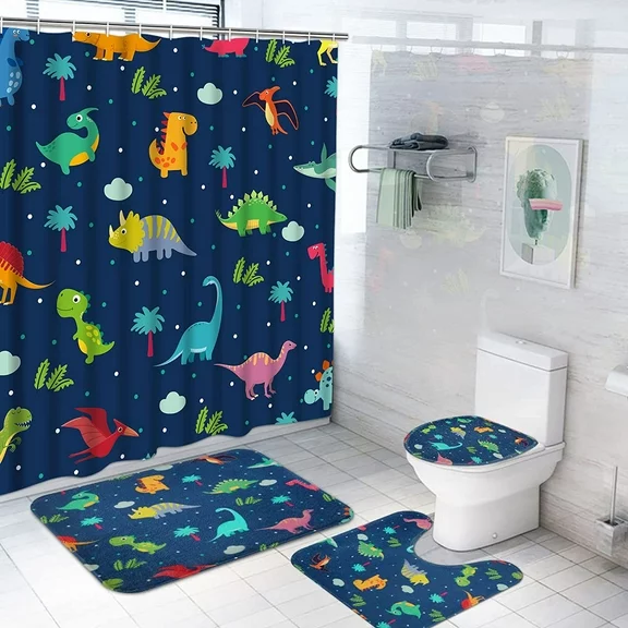 FRAMICS 16 Pc Kids Cartoon Dinosaur Shower Curtain and Rug Sets, Blue Cute Bathroom Sets, Waterproof Fabric Shower Curtain with 12 Hooks and Toilet Rugs
