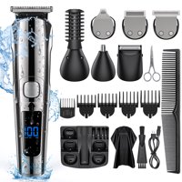 16 in 1 Hair Clippers, IPX7 Waterproof Hair Beard Trimmer USB Rechargeable Men's Cordless Haircut Groomer Kit w/2-Speed Adjustable, Barber Cape, Storage Stand for Face Nose Ear Home Travel Wet/Dry Use