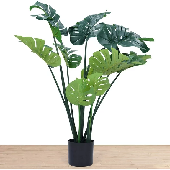 Artificial Plants Fake Plant Faux Plants Indoor and Outdoors Lifelike and Natural Tropical Decor that is Mould Free Odorless Large and Tall at 43 inch with 12 leaves Monstera Deliciosa like Palm Trees