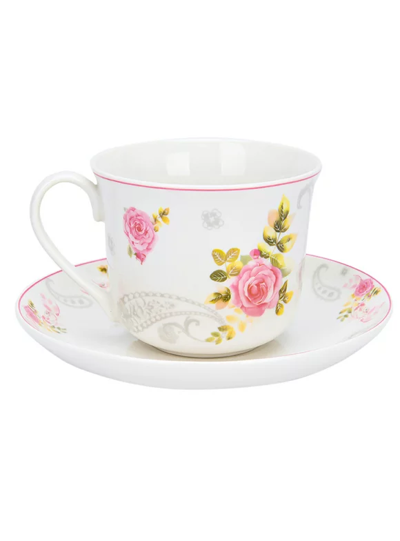 Bone China Kitchen Teacups 13.5 fl oz (400 ml) Floral Tea Cups English Rose Tea Cup with Saucer Pretty Tea Cup with Matching Saucer Christmas Mugs