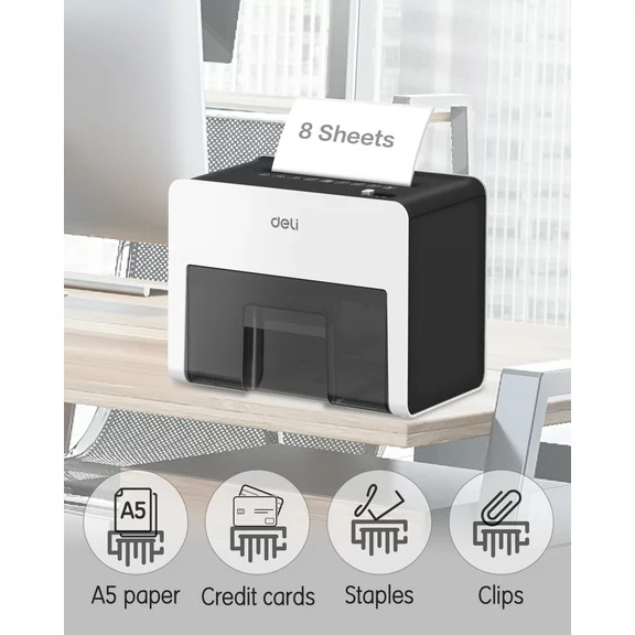 Deli 8-Sheet Paper Shredder Home Office Use Shredder, Mini Desktop Crosscut Shredder with 0.7 Gallon Bin Shred Credit Card/Mail/Staple/Clip, P-4 Security Paper Cutter, White