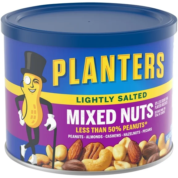 PLANTERS Lightly Salted Mix Nuts, Party Snacks, Plant-Based Protein, 10.3 Oz Canister