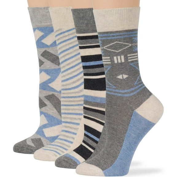 Women Cotton Calf Fun Socks 4 Pairs Medium 9-11, Stripe Tribal Alpaca Indian Soft Crew Long , Grey, Charcoal, Sand, Denim Blue